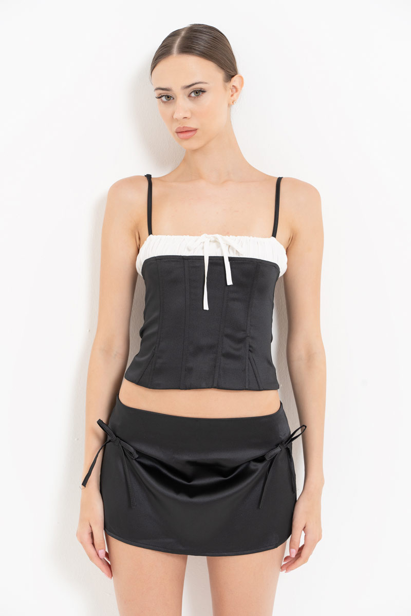 Black Contrast-Trim Satin Cami & Mini Skirt Set