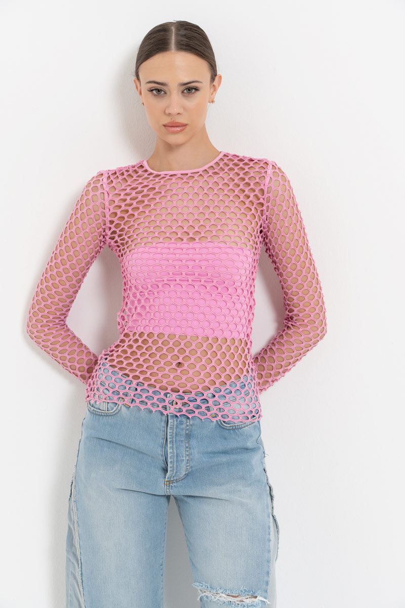 New Pink Long-Sleeve Net Top