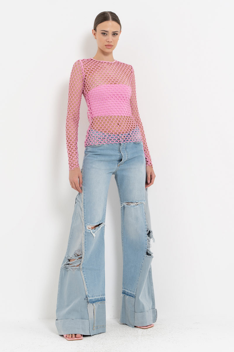 New Pink Long-Sleeve Net Top