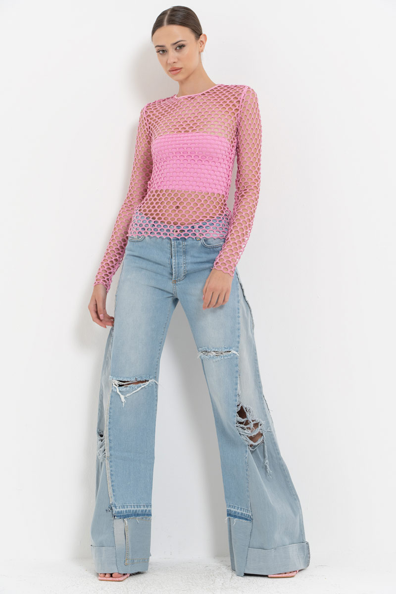 New Pink Long-Sleeve Net Top