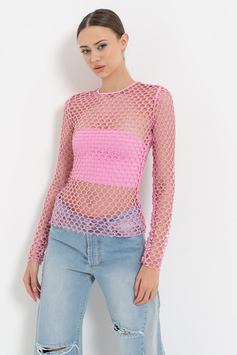 New Pink Long-Sleeve Net Top