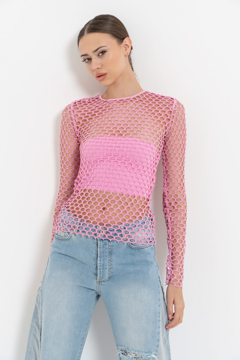 New Pink Long-Sleeve Net Top