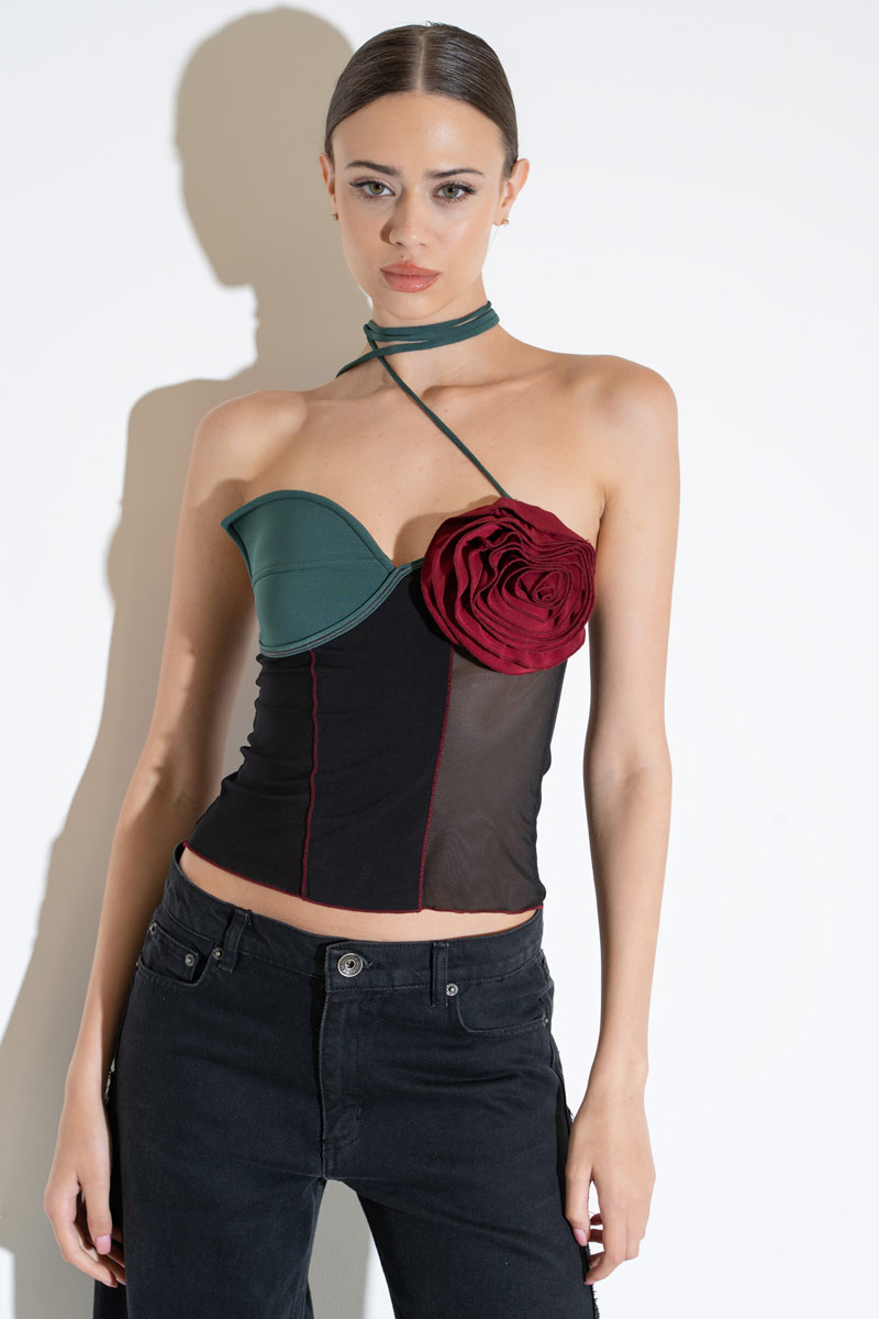 BLACK & GREEN  & BORDEAUX Strap-Accent Mesh Top