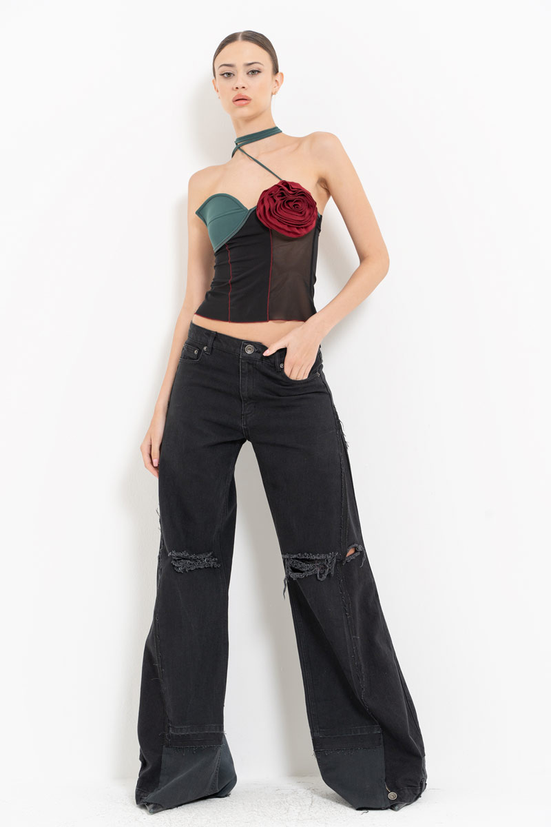 BLACK & GREEN  & BORDEAUX Strap-Accent Mesh Top