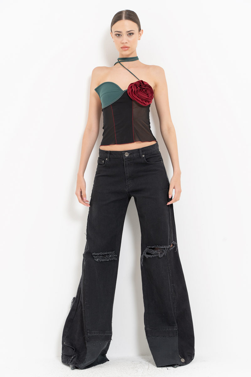 BLACK & GREEN  & BORDEAUX Strap-Accent Mesh Top