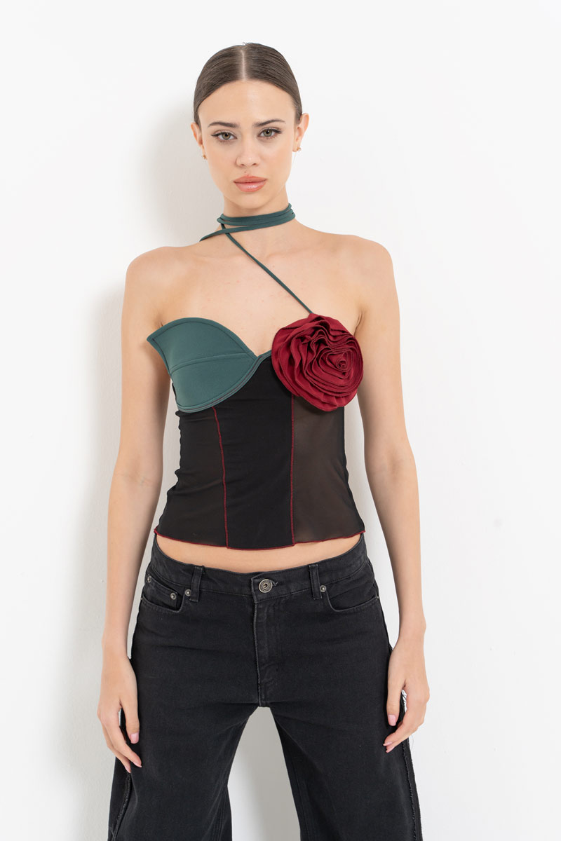 BLACK & GREEN  & BORDEAUX Strap-Accent Mesh Top