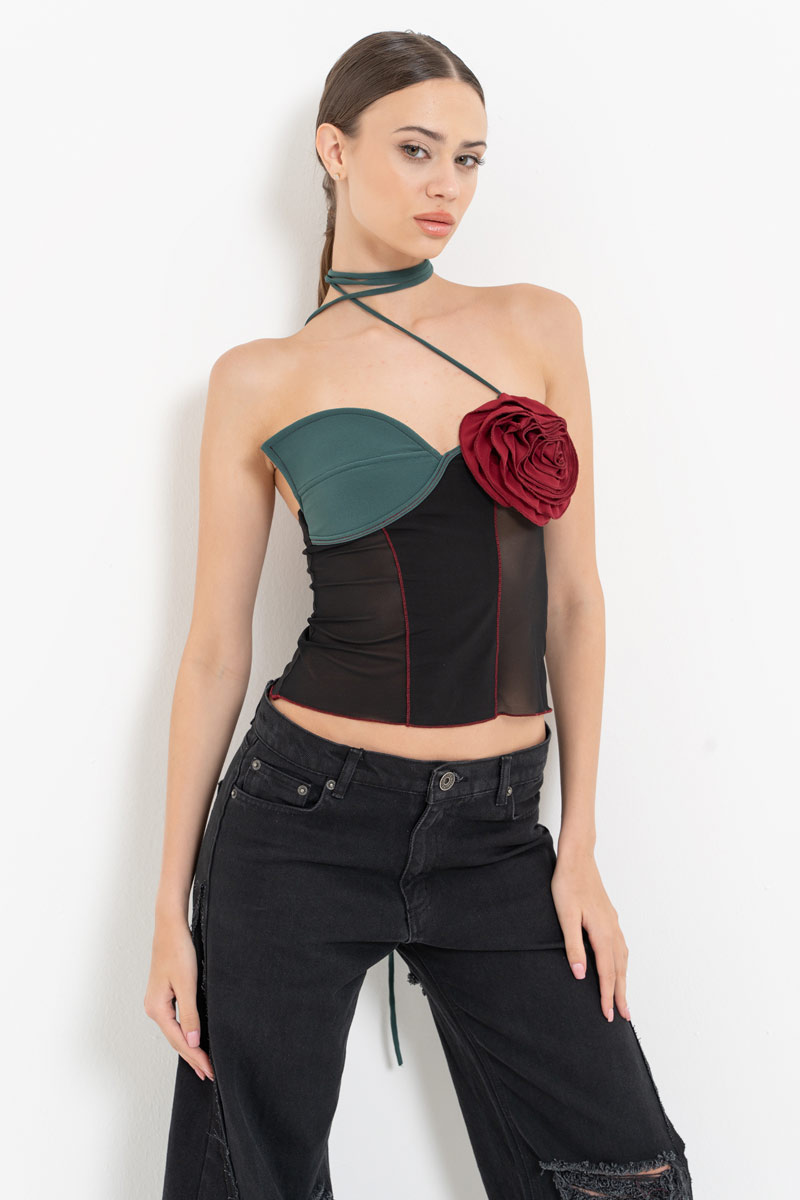 BLACK & GREEN  & BORDEAUX Strap-Accent Mesh Top