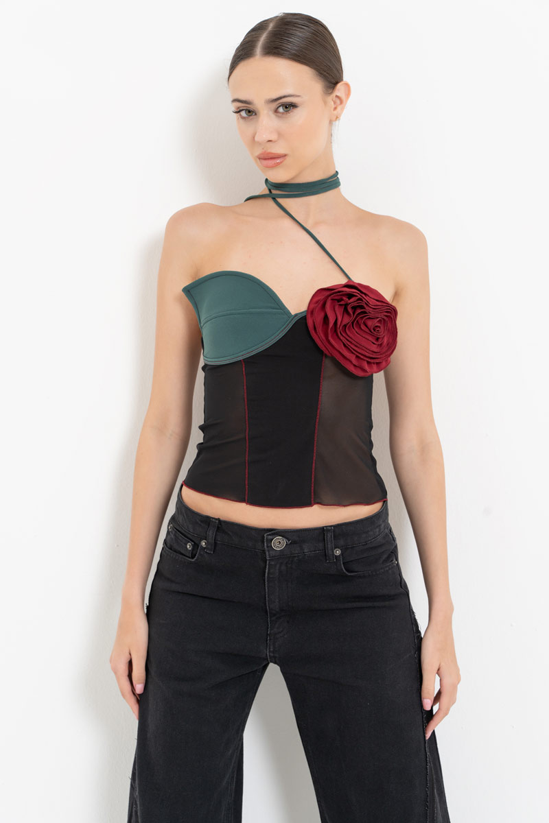 BLACK & GREEN  & BORDEAUX Strap-Accent Mesh Top