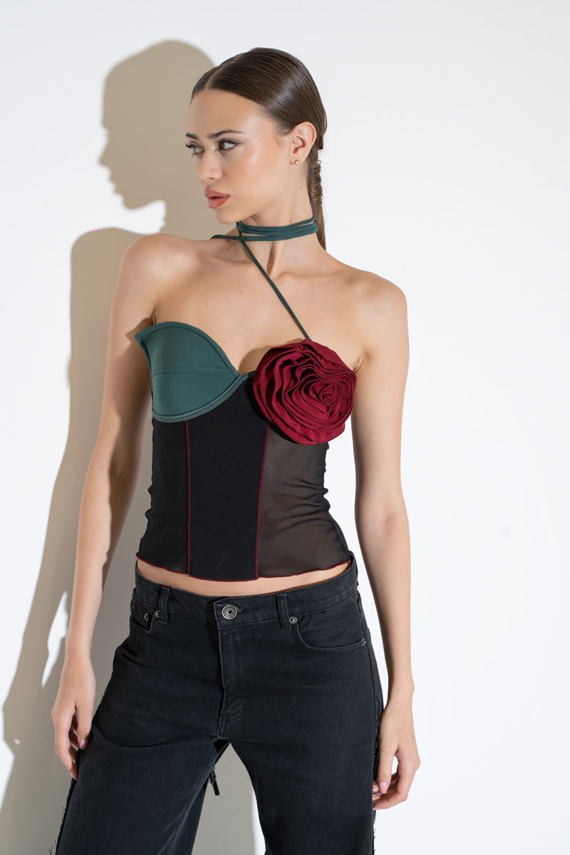 BLACK & GREEN  & BORDEAUX Strap-Accent Mesh Top