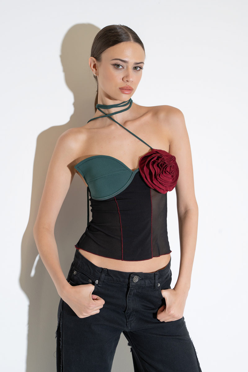 BLACK & GREEN  & BORDEAUX Strap-Accent Mesh Top