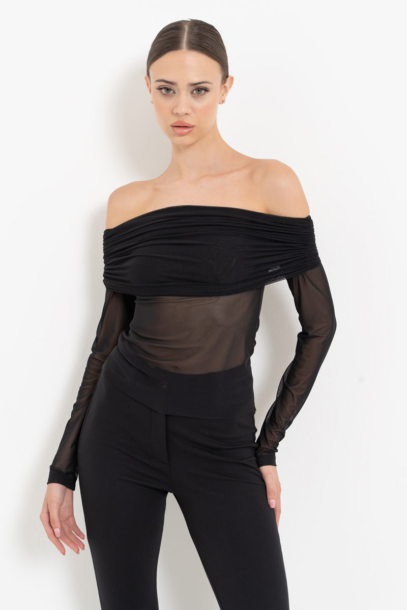 Black Off-the-Shoulder Mesh Top