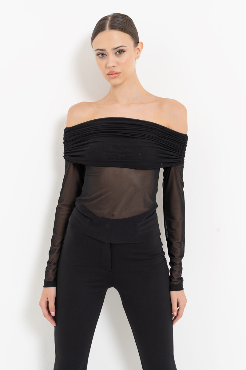 Black Off-the-Shoulder Mesh Top