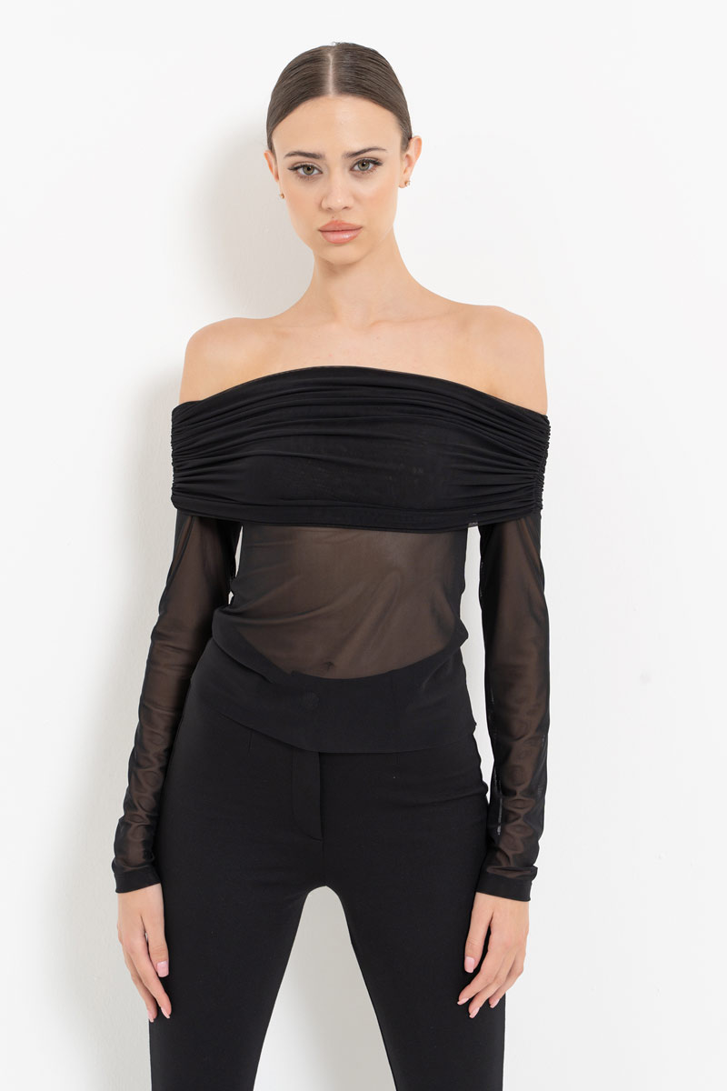 Black Off-the-Shoulder Mesh Top