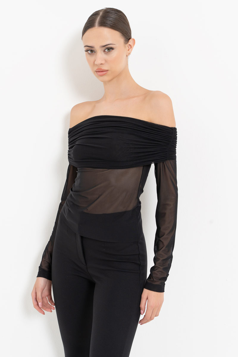 Black Off-the-Shoulder Mesh Top