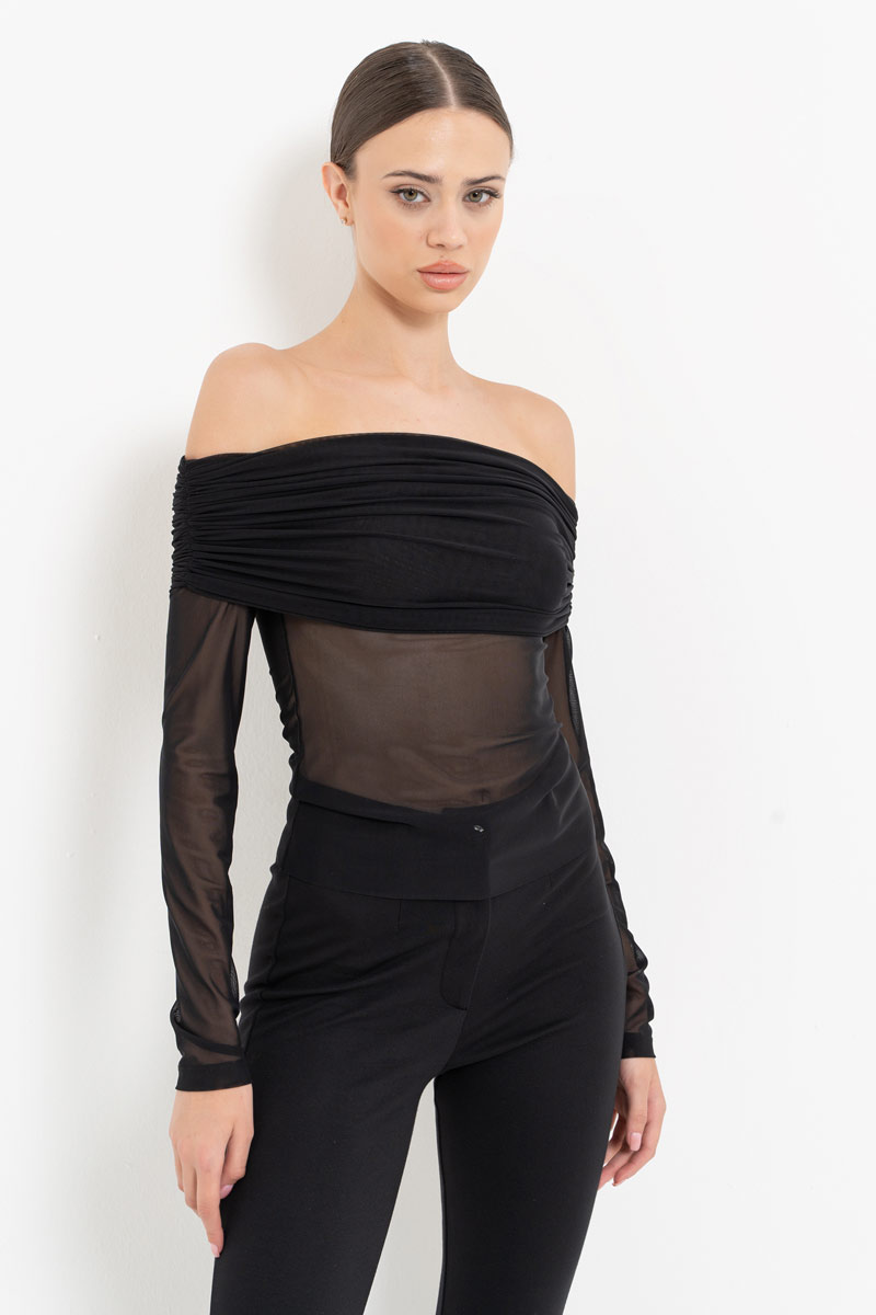 Black Off-the-Shoulder Mesh Top