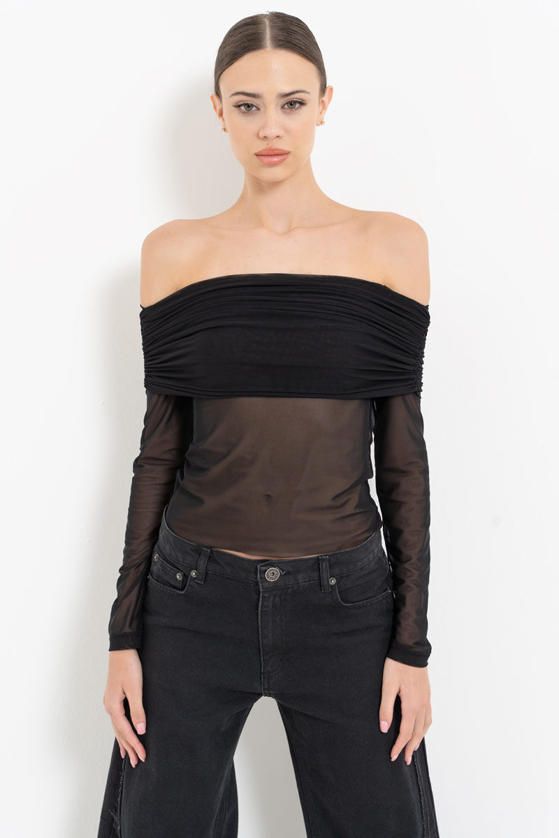 Black Off-the-Shoulder Mesh Top