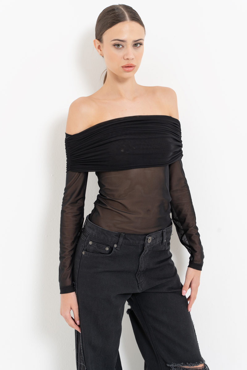 Black Off-the-Shoulder Mesh Top