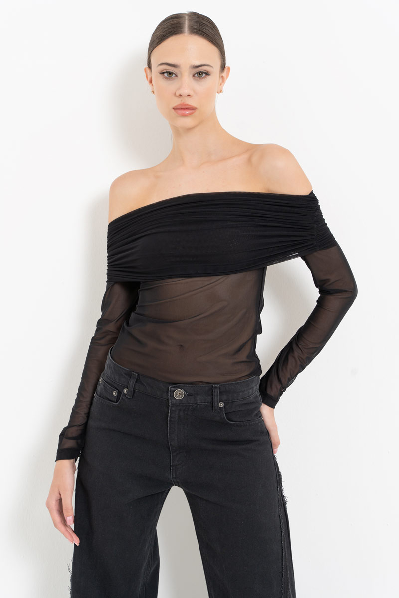 Black Off-the-Shoulder Mesh Top