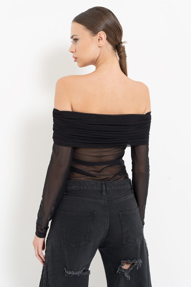 Black Off-the-Shoulder Mesh Top