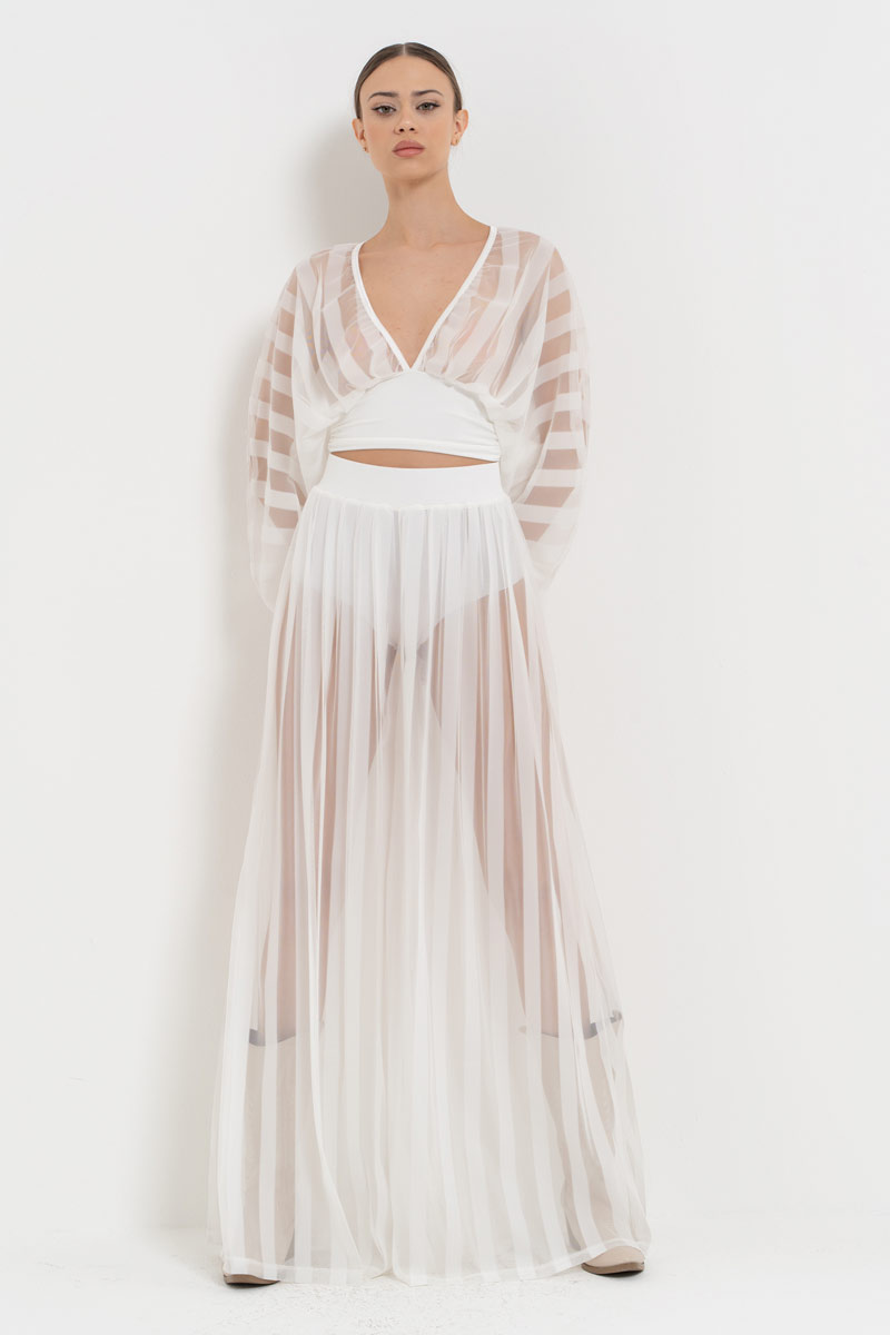 Sheer Blouse Wide Leg Offwhite Set