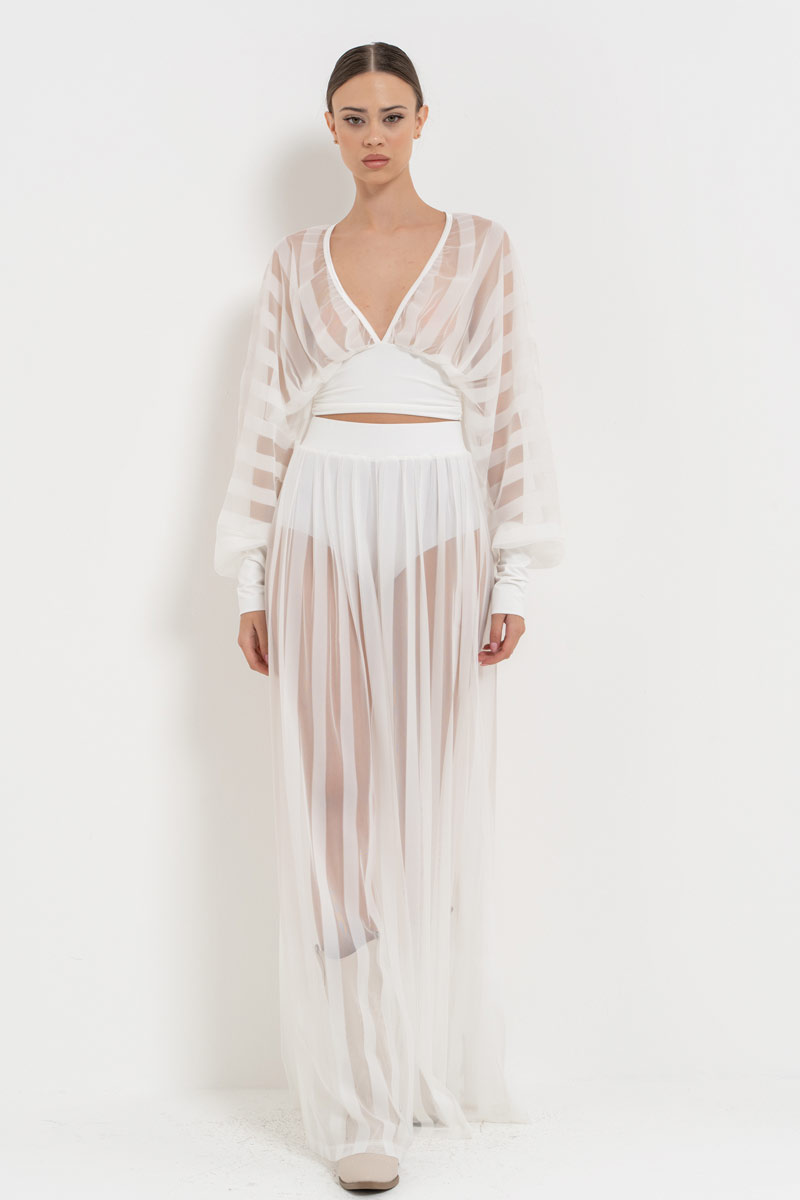 Sheer Blouse Wide Leg Offwhite Set