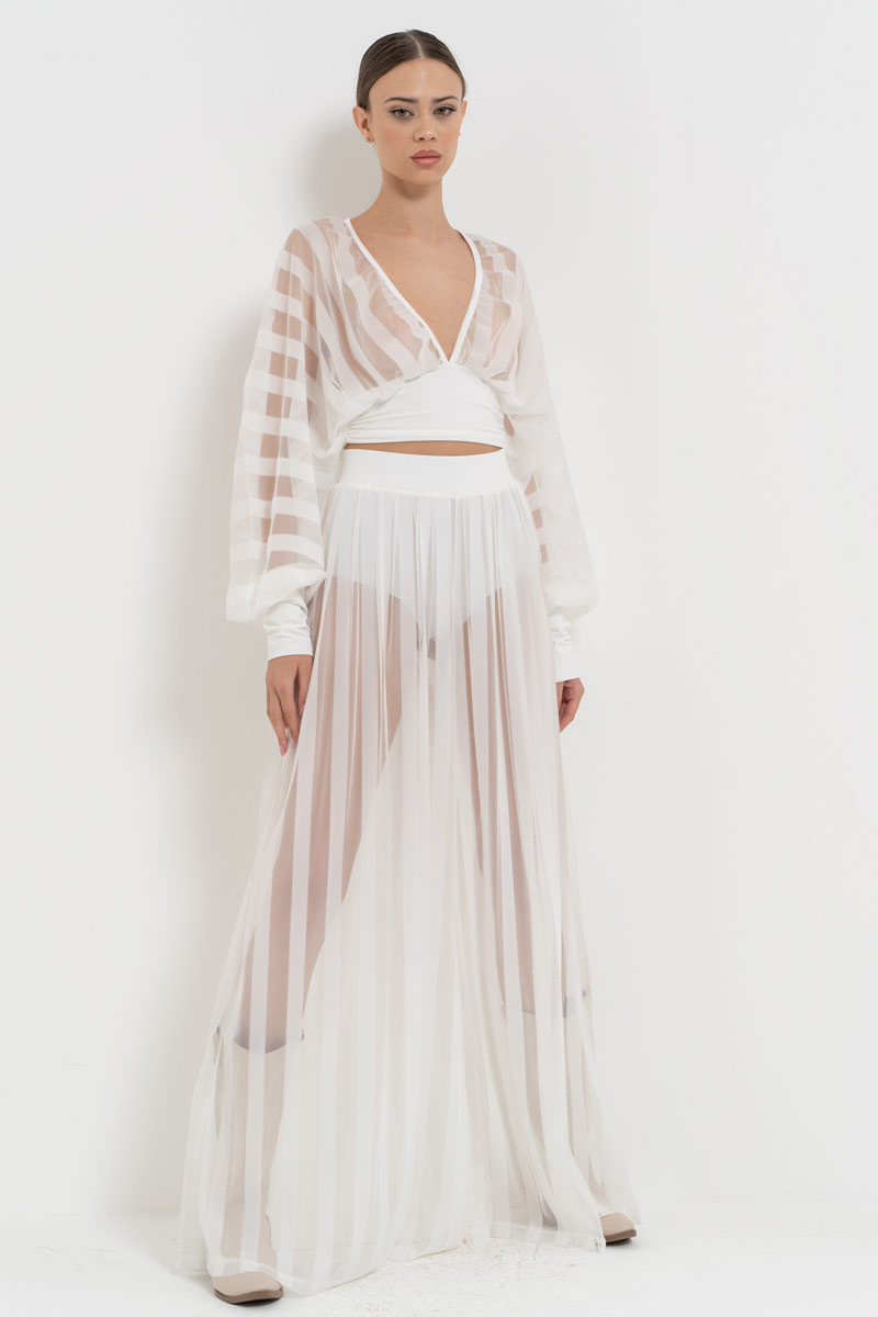 Sheer Blouse Wide Leg Offwhite Set