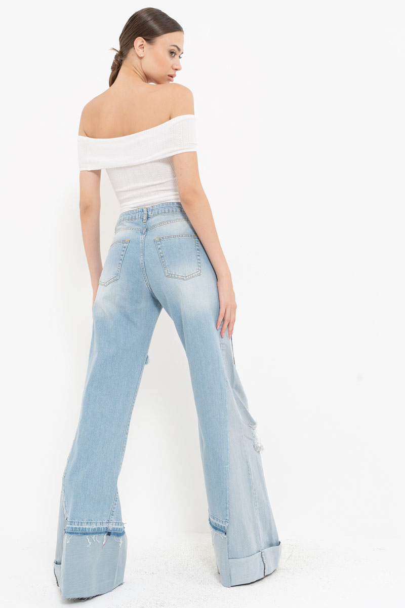 Blue Distressed Wide-Leg Jeans