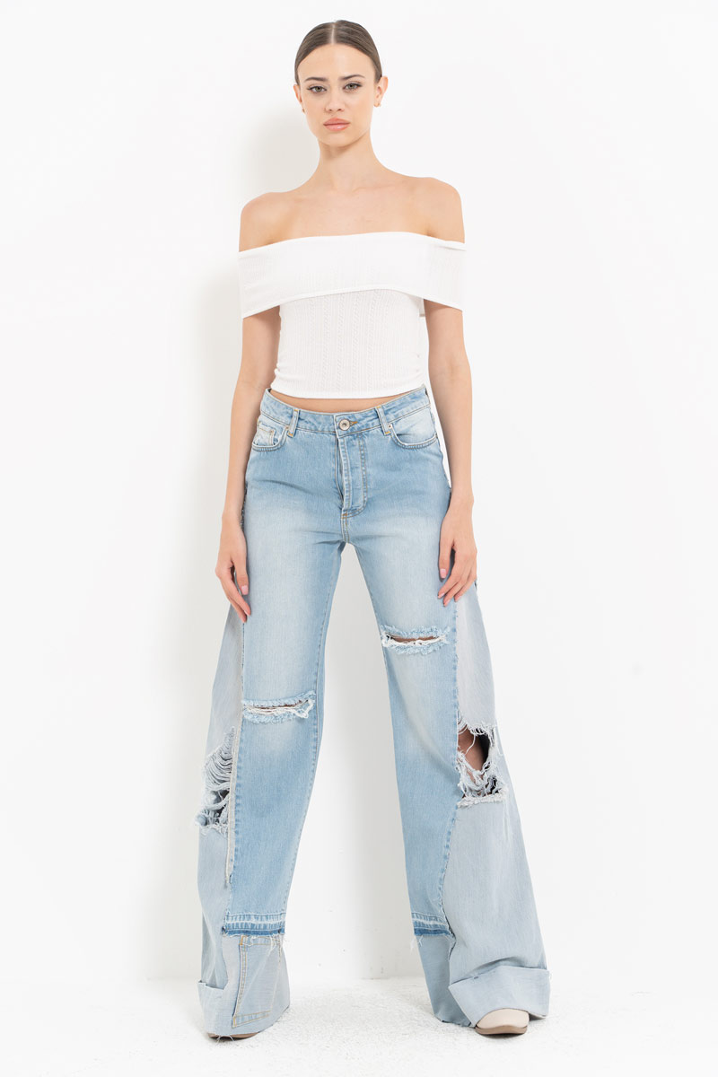 Blue Distressed Wide-Leg Jeans