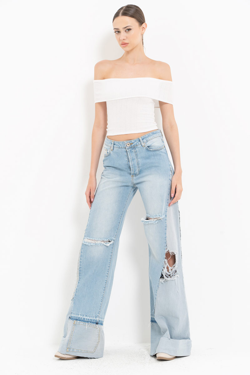 Blue Distressed Wide-Leg Jeans