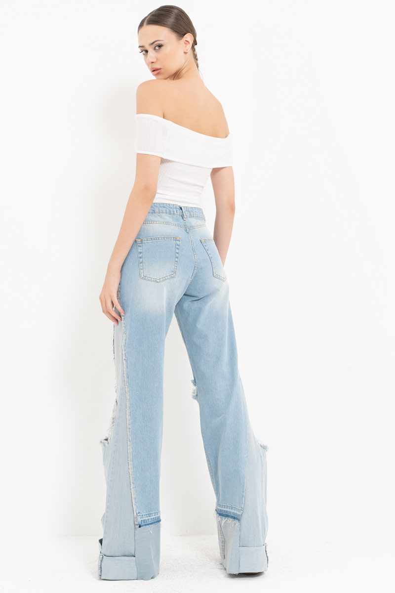 Blue Distressed Wide-Leg Jeans