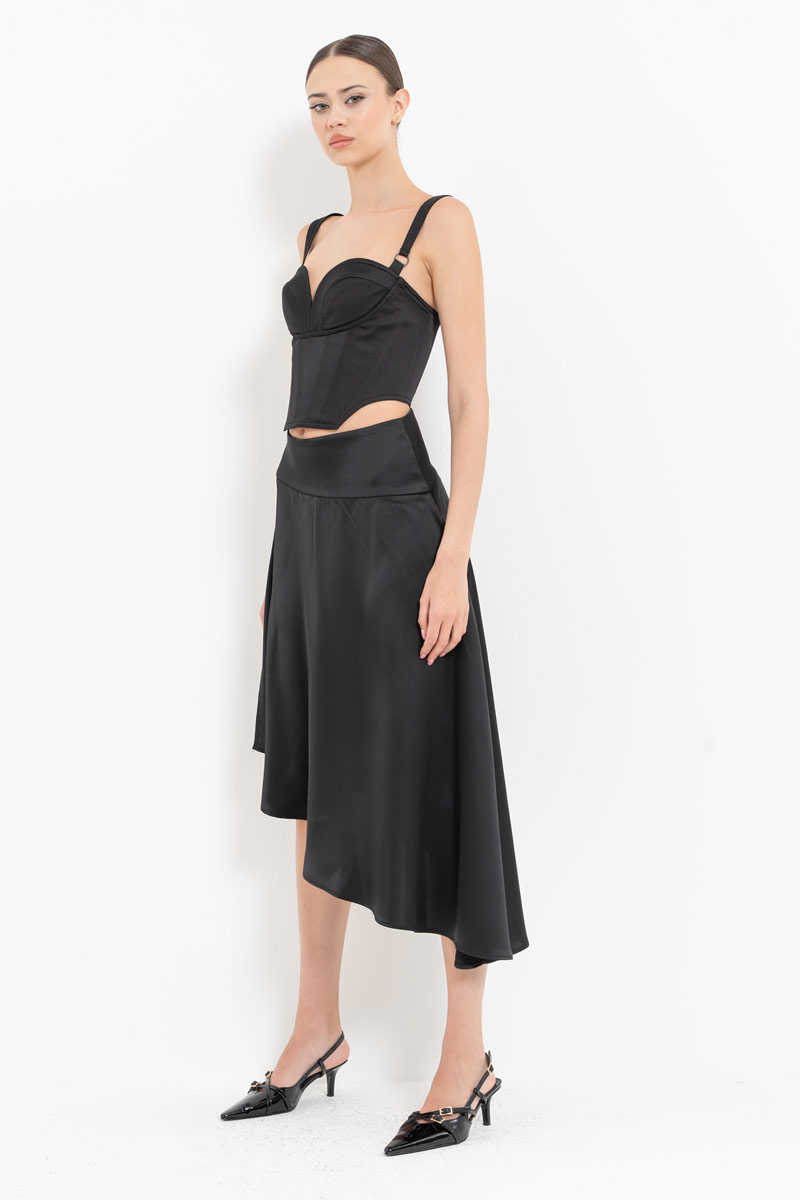 Black Button-Side Satin Skirt