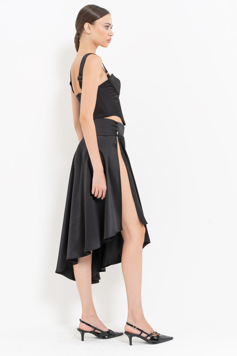 Wholesale Black Button-Side Satin Skirt