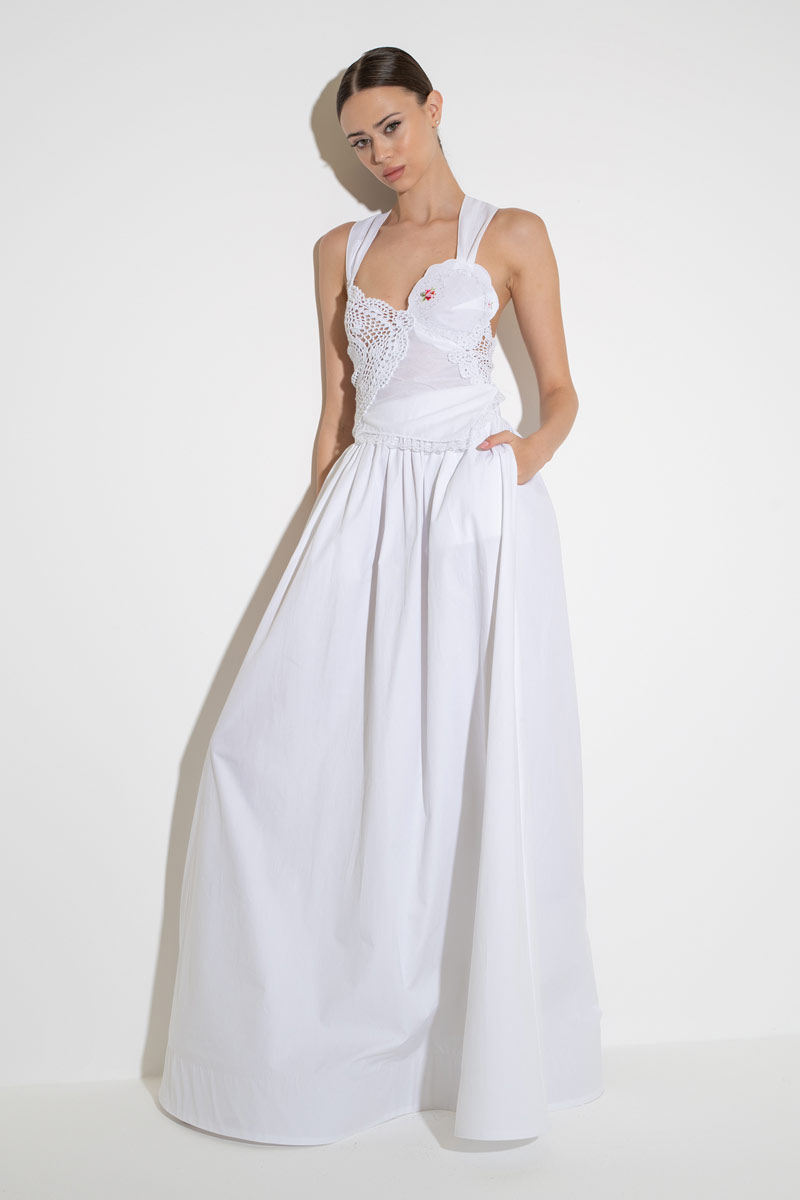 Offwhite Elastic-Waistband Poplin Maxi Skirt with Pockets