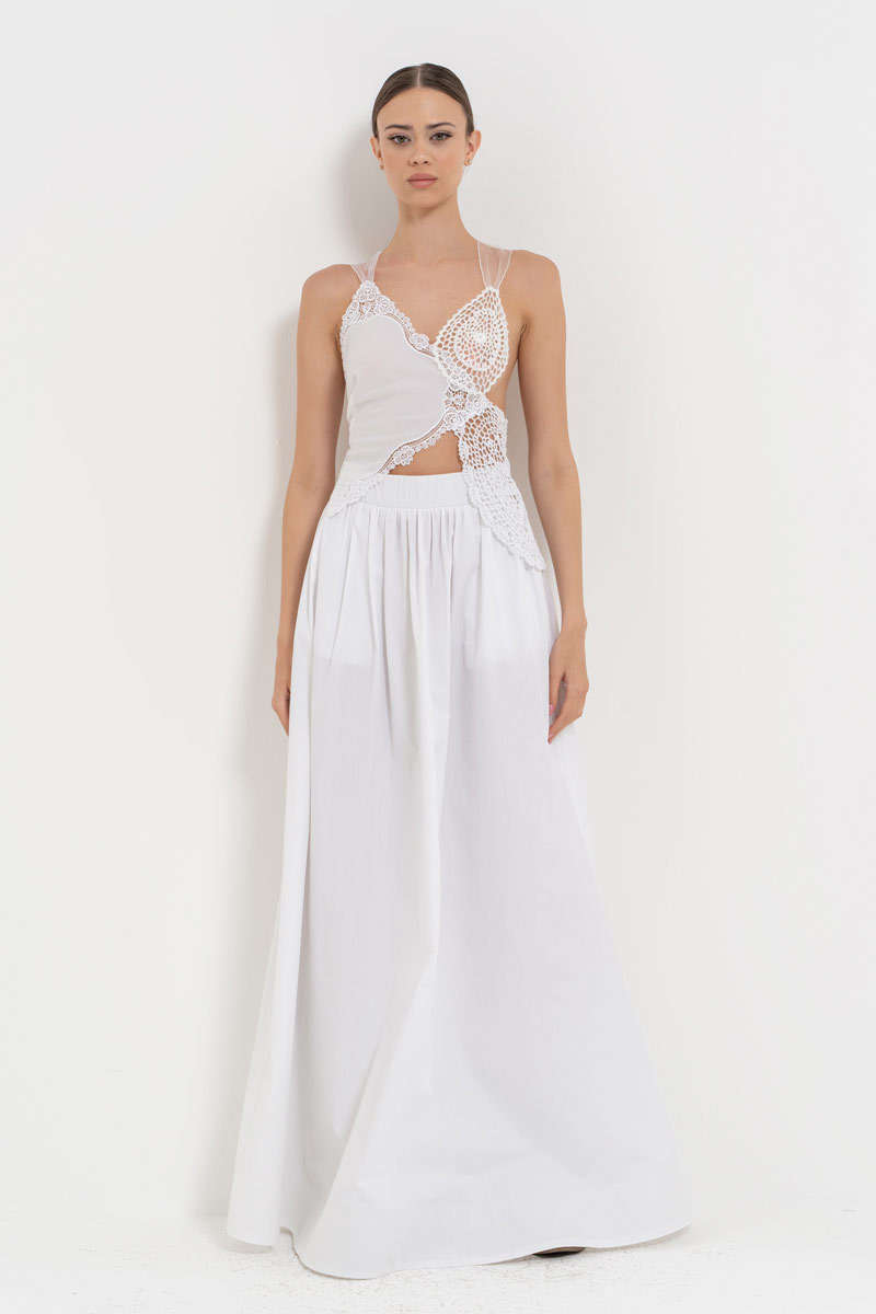 Offwhite Elastic-Waistband Poplin Maxi Skirt with Pockets