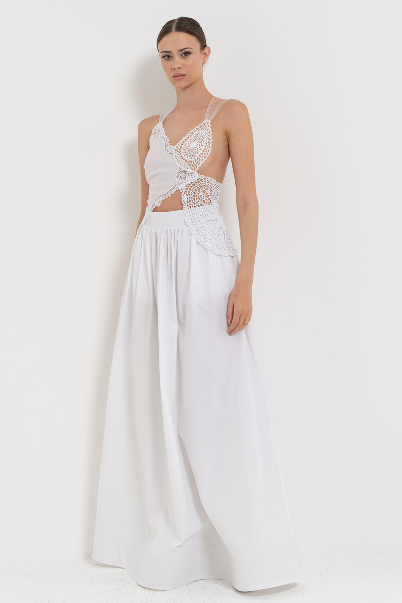 Offwhite Elastic-Waistband Poplin Maxi Skirt with Pockets