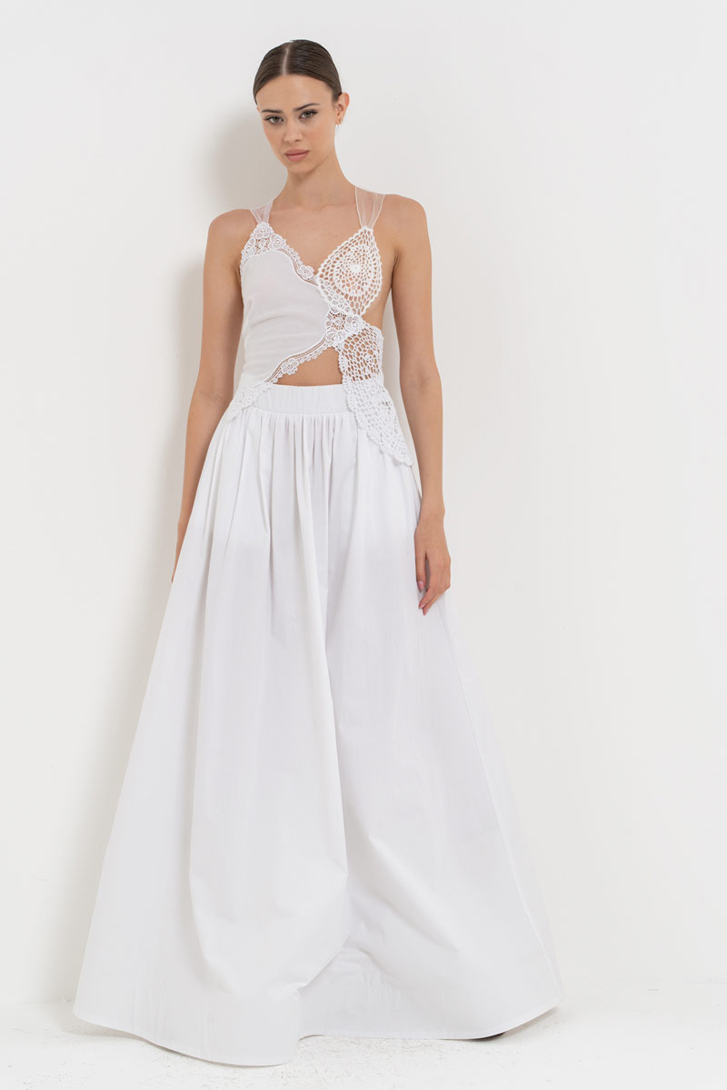 Offwhite Elastic-Waistband Poplin Maxi Skirt with Pockets