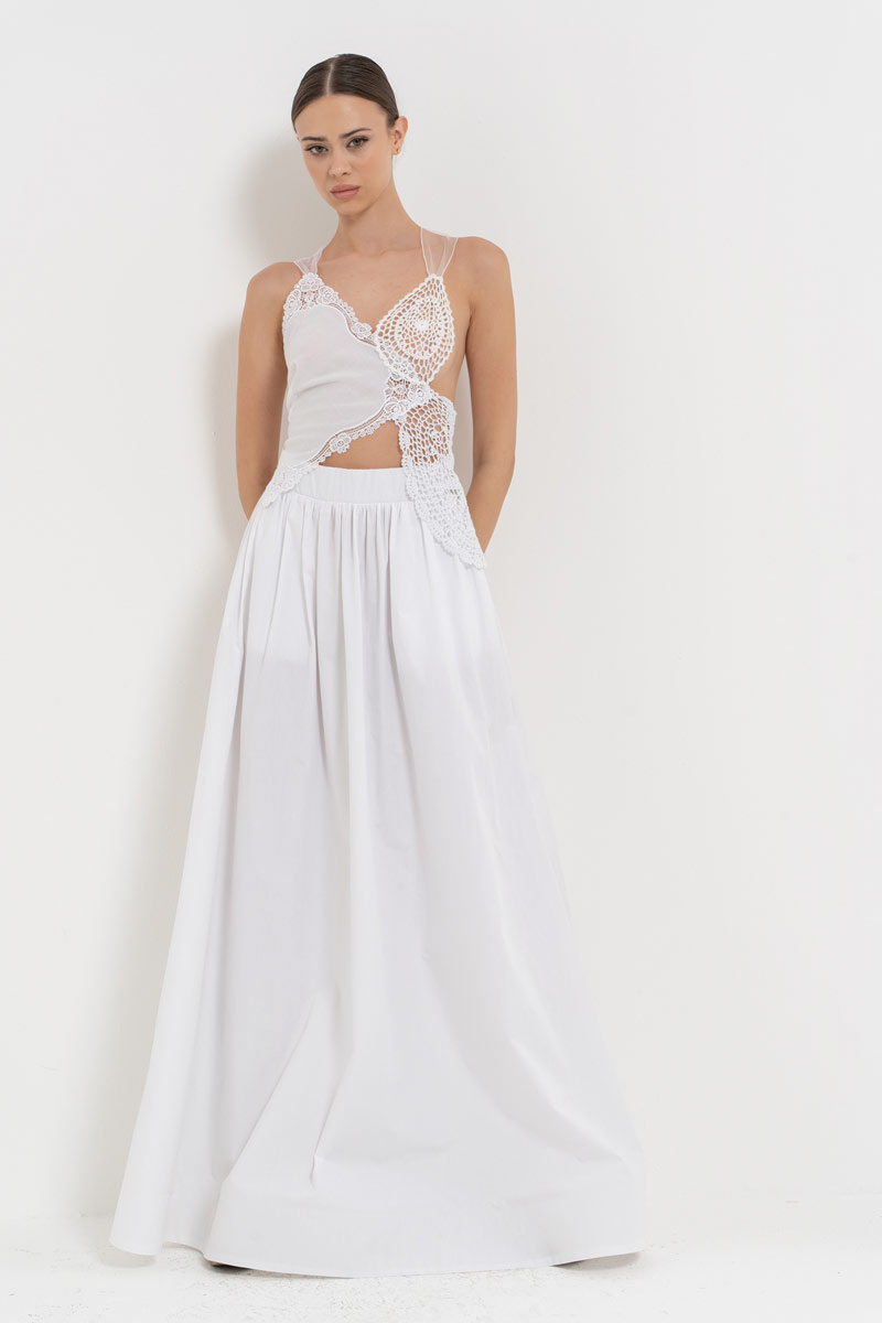 Offwhite Elastic-Waistband Poplin Maxi Skirt with Pockets