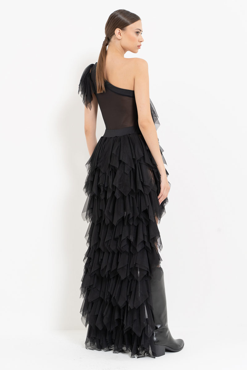 One Shoulder Ruffle Black Mini Tulle Dress