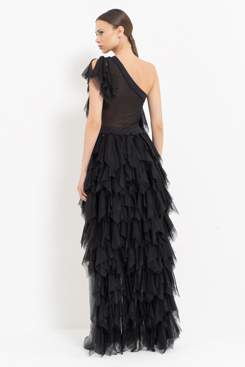 Wholesale One Shoulder Ruffle Black Mini Tulle Dress
