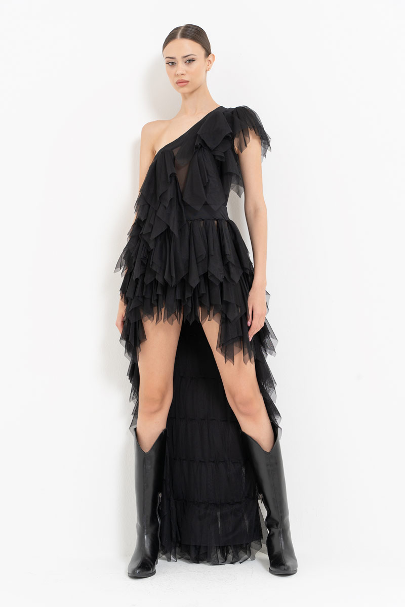 One Shoulder Ruffle Black Mini Tulle Dress