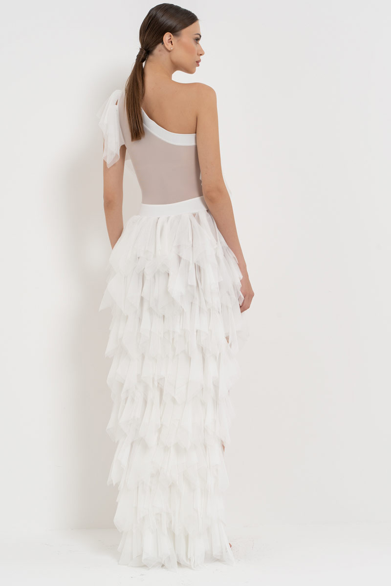 Wholesale One Shoulder Ruffle Offwhite Mini Tulle Dress