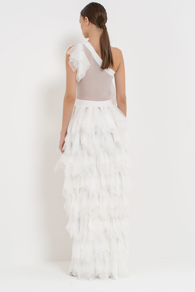 One Shoulder Ruffle Offwhite Mini Tulle Dress
