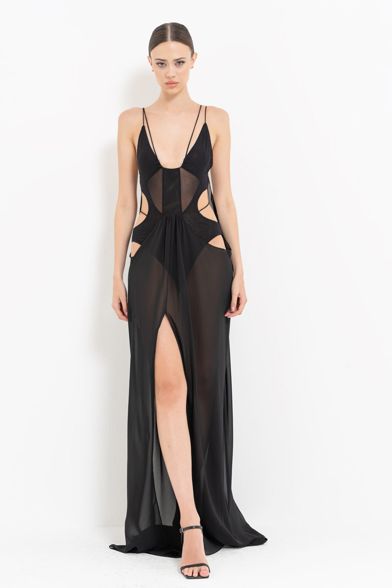 Wholesale Sheer Black Cami Chiffon Dress with Bodysuit