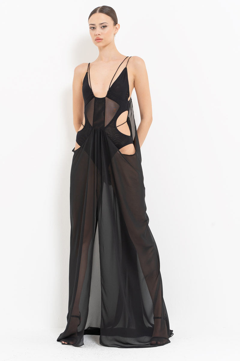 Wholesale Sheer Black Cami Chiffon Dress with Bodysuit