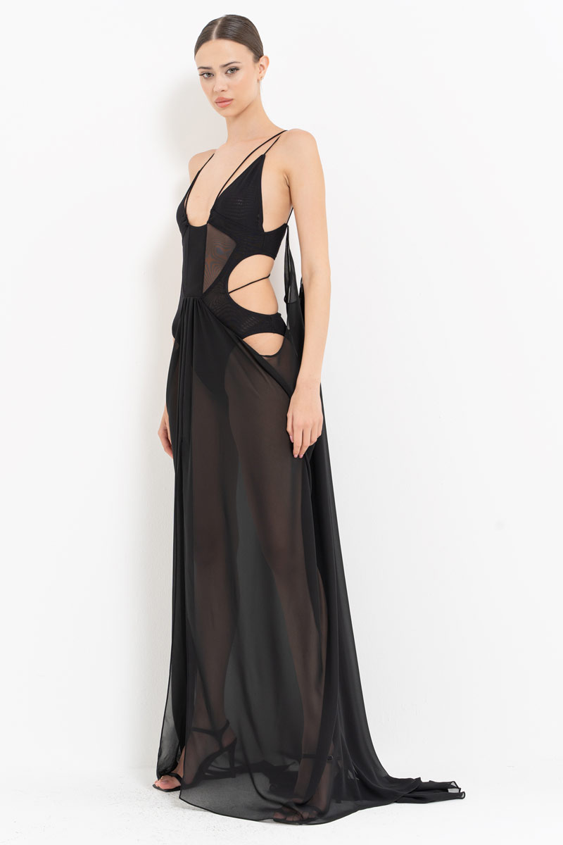 Wholesale Sheer Black Cami Chiffon Dress with Bodysuit