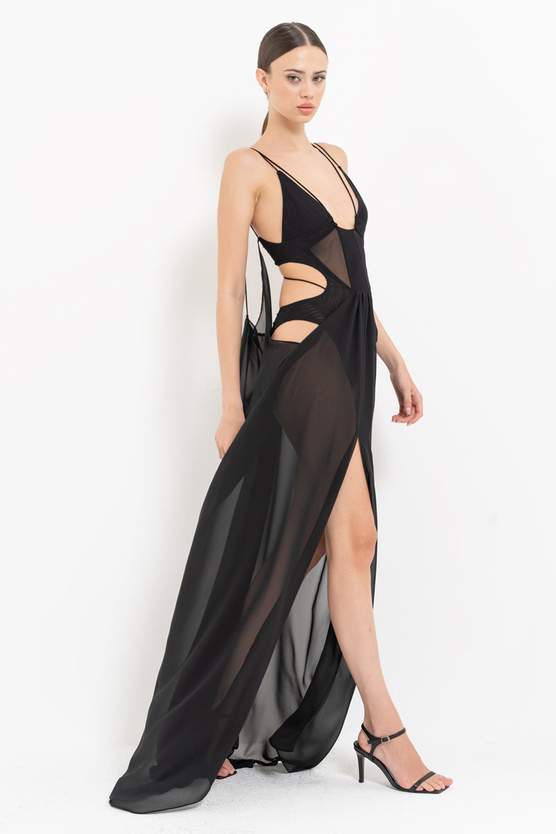 Wholesale Sheer Black Cami Chiffon Dress with Bodysuit