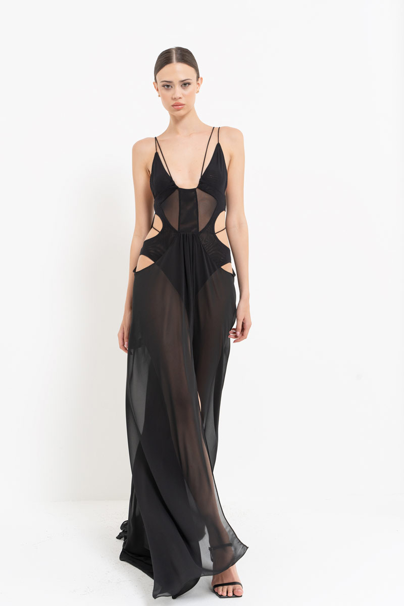 Wholesale Sheer Black Cami Chiffon Dress with Bodysuit