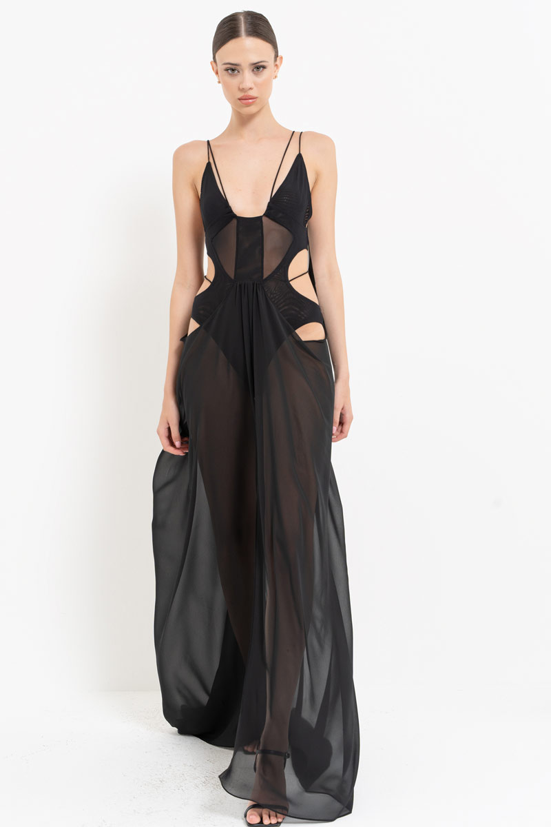 Sheer Black Cami Chiffon Dress with Bodysuit