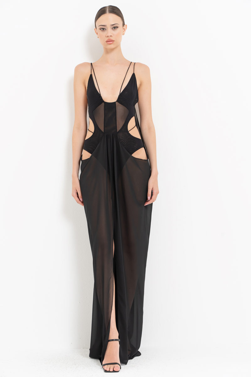 Sheer Black Cami Chiffon Dress with Bodysuit