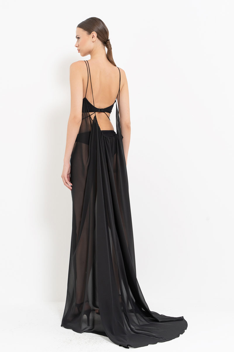 Wholesale Sheer Black Cami Chiffon Dress with Bodysuit